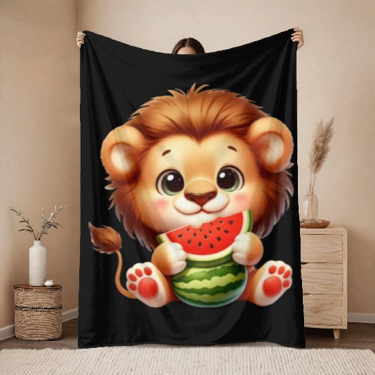 Lion Eating Watermelon Throw Blankets
