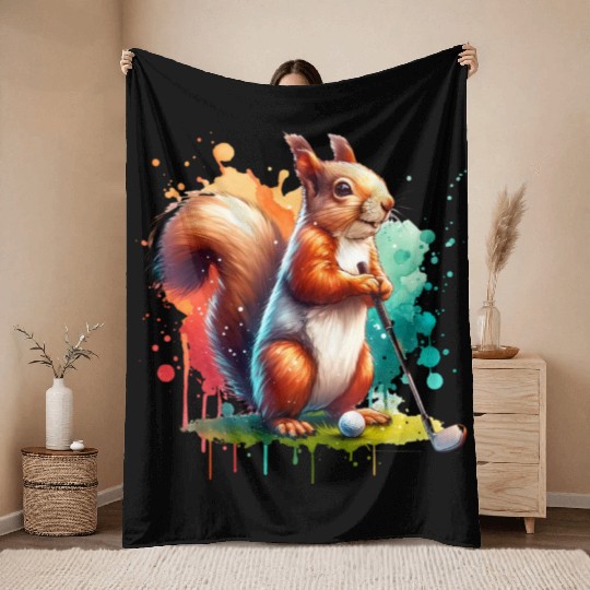 Golf Player Squirrel Animal Lover Design Throw Blankets