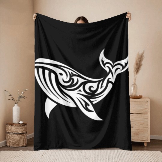 T Tattoo Style Whale Swimming Sea Creature Throw Blankets