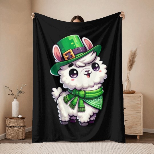 St. Patrick's Day Llama Cartoon Throw Blankets