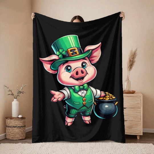 Cute St. Patrick's Piglet Throw Blankets