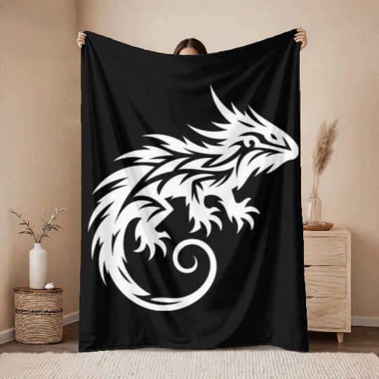 Shaggy Bearded Dragon Tribal Dragon Tattoo Throw Blankets
