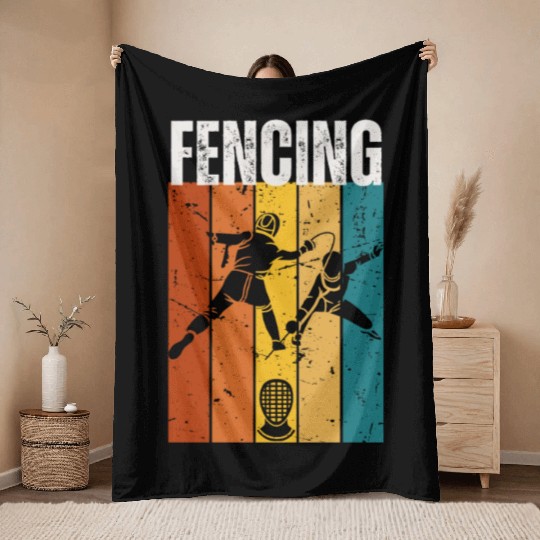 Fencing Vintage Retro 70s Design Fencer Throw Blankets