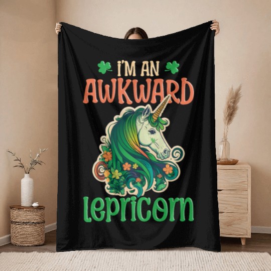 Irish Unicorn St Patricks Awkward Lepricorn Throw Blankets