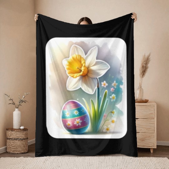 A Beautiful Daffodil With an Easter Egg Throw Blankets