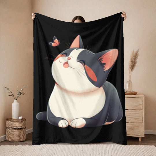 Kawaii Cat and Butterfly Throw Blankets