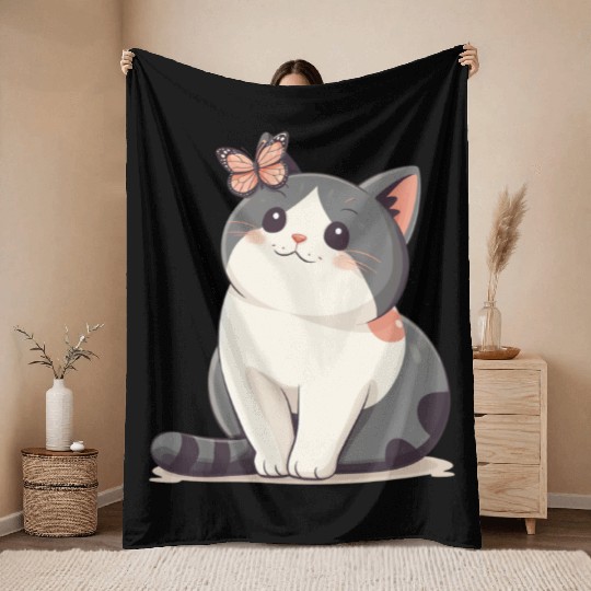Cute Kawaii Cat and Butterfly Throw Blankets
