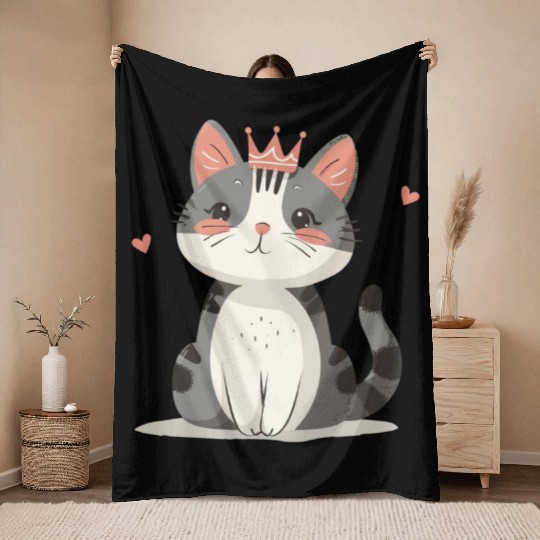 Kawaii Cat Queen and Hearts Throw Blankets