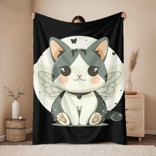Kawaii Cat-Butterfly Throw Blankets