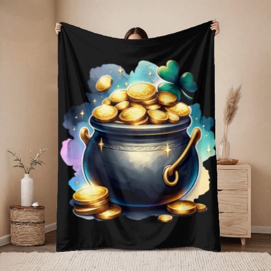Saint Patrick's Day Gold Pot With Clover Throw Blankets