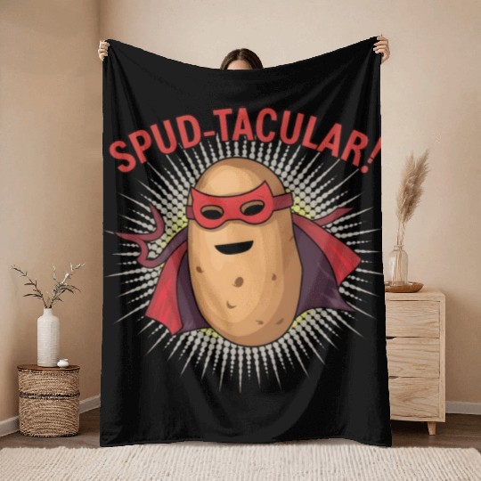 Superhero Potato Saying "Spud-tacular!" Design Art Throw Blankets