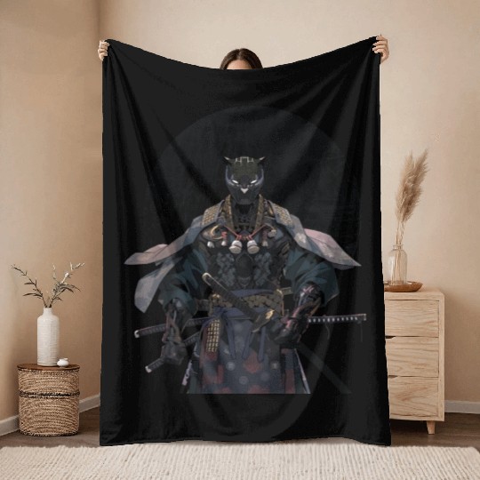 Anime Panther Warrior Samurai katana Throw Blankets