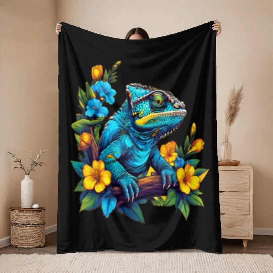 Chameleon Sitting on Branch Surrounded by Flowers Throw Blankets