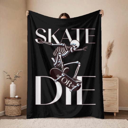 Skull Skates Skate or Die Skeleton Throw Blankets