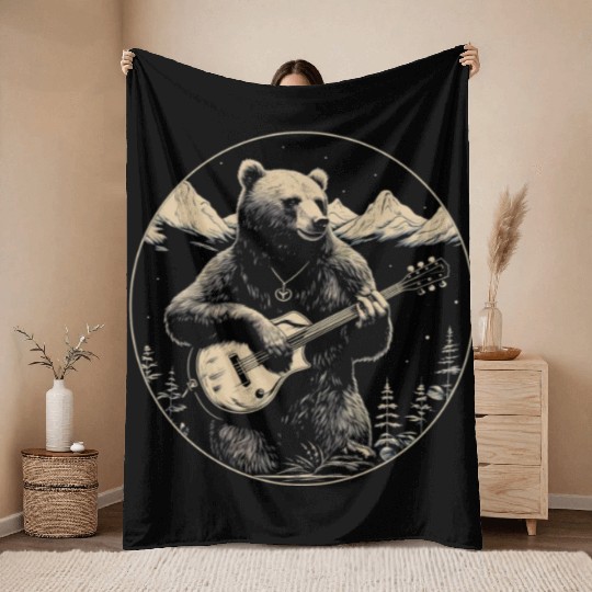 Grizzly Bear Playing Guitar Throw Blankets