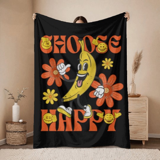 Choose Happy Retro Banana Mascot Throw Blankets
