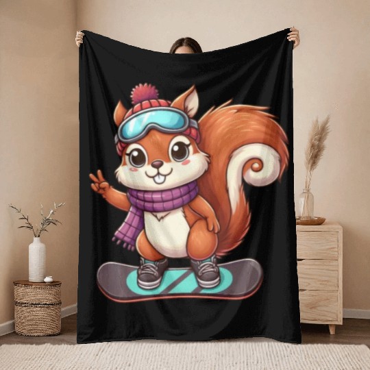 Snowboarding Squirrel Winter Adventure Throw Blankets