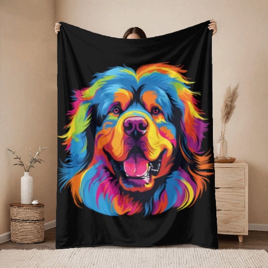 Watercolor Colorful Tibetan Mastiff Throw Blankets