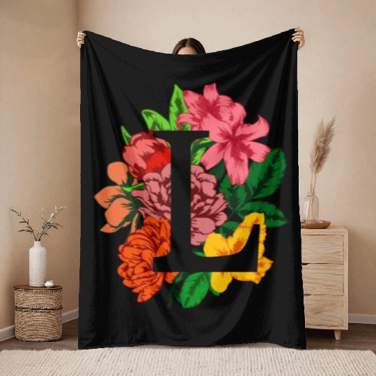 Capital letter L monogram with peony, lily flowers Throw Blankets