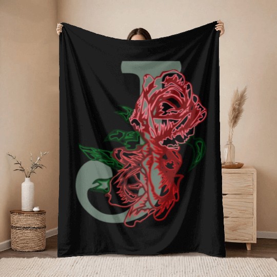 Capital letter J monogram and contour rose flowers Throw Blankets