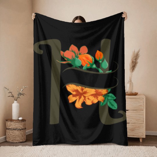 Capital letter H monogram with roses and lily Throw Blankets