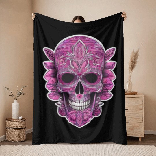 tribal pink mexican skull Throw Blankets