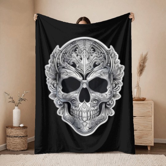 Mexican tribal silver metallic skull Throw Blankets