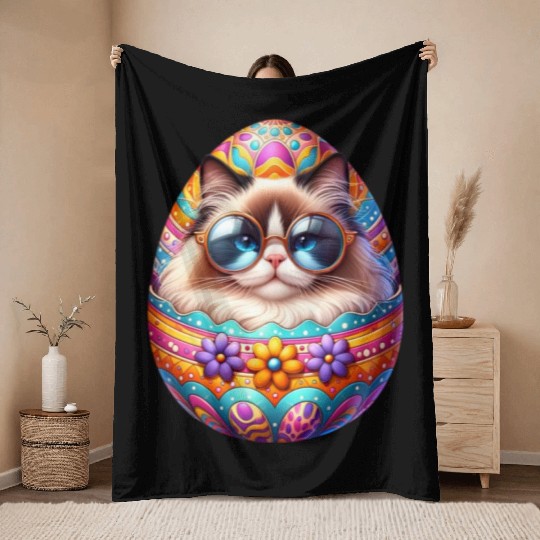 Ragdoll Cat in Easter Egg Design Throw Blankets