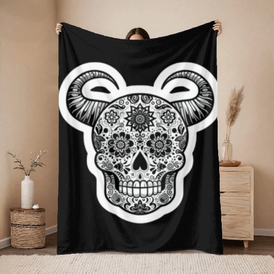 Sweet Enchantment: Sugar Horned Skull- sugar skull Throw Blankets