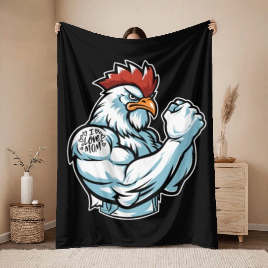 Chicken Hen Biceps Tattoo I Love Mom Throw Blankets