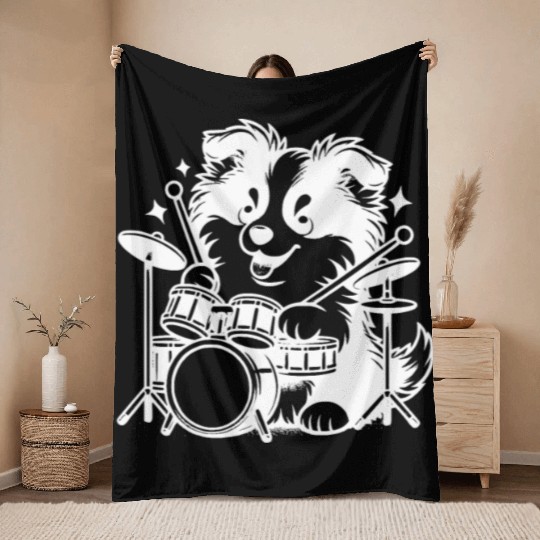 Cool Sheltie Puppy Drummer Design Throw Blankets