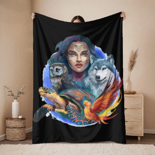 Wildlife Tribal Wolf Owl Turtle Woman for a Throw Blankets