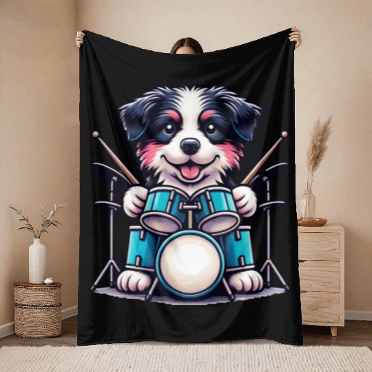 Cool Border Collie Drummer Puppy Design Throw Blankets