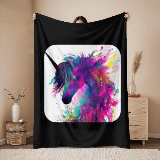 Colorful splatters unicorn Throw Blankets
