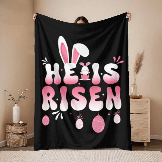He Is Risen Easter Celebration Theme Bunny Eggs Throw Blankets