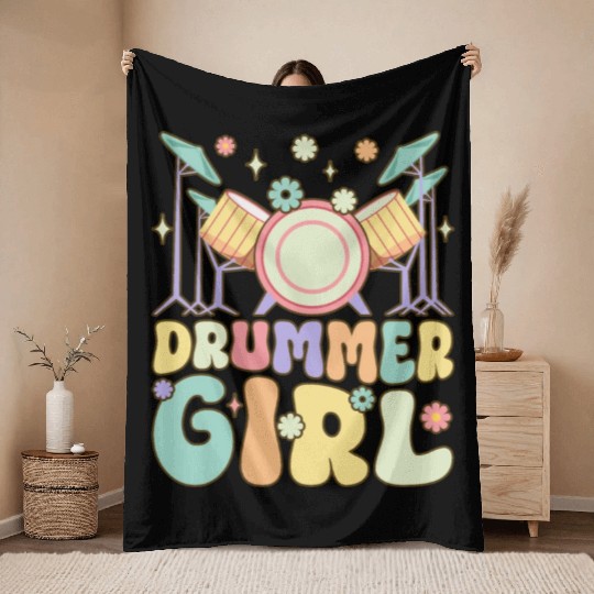 Drummer Girl Groovy Drumming Musician Drum Lover Throw Blankets