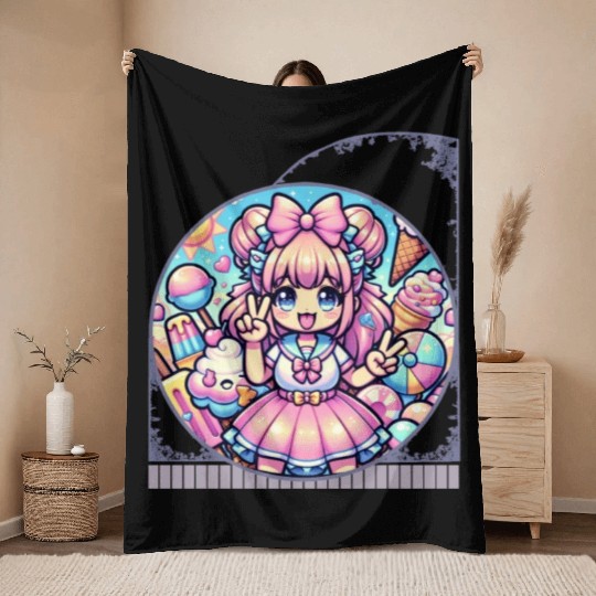 Kawaii Anime Girl's Ice Cream Paradise Sweet Throw Blankets