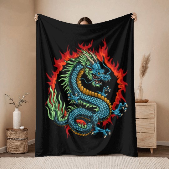 Angry Japanese Dragon Throw Blankets