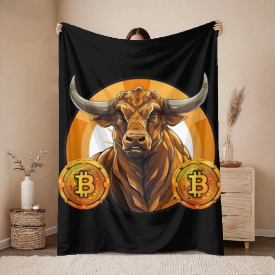 Retro Crypto Currency Bull Bitcoin Blockchain Throw Blankets