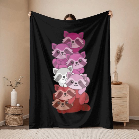 Lipstick Lesbian Flag Pride Lgbtq Cute Raccoon Throw Blankets