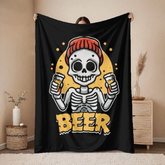 Skeleton drinking beer Throw Blankets design premium