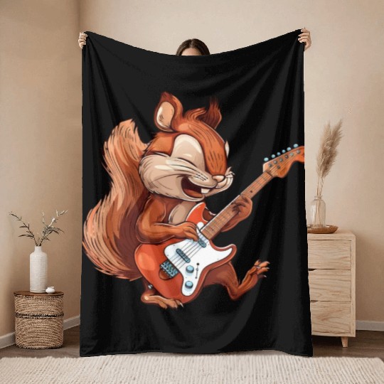 Rock Squirrel Guitarist Band Music Throw Blankets