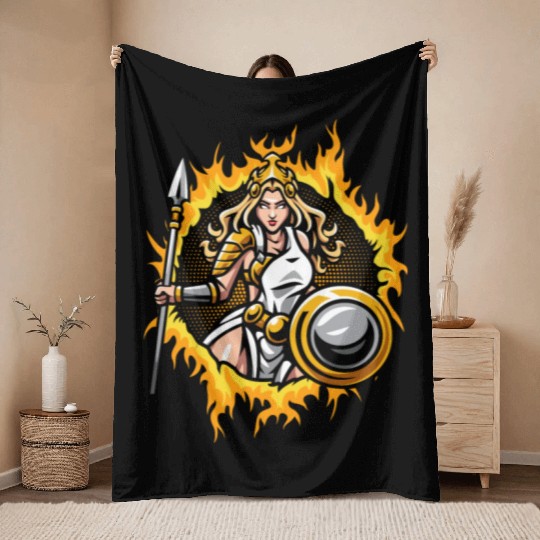 Athena with halftone gold fire background Throw Blankets