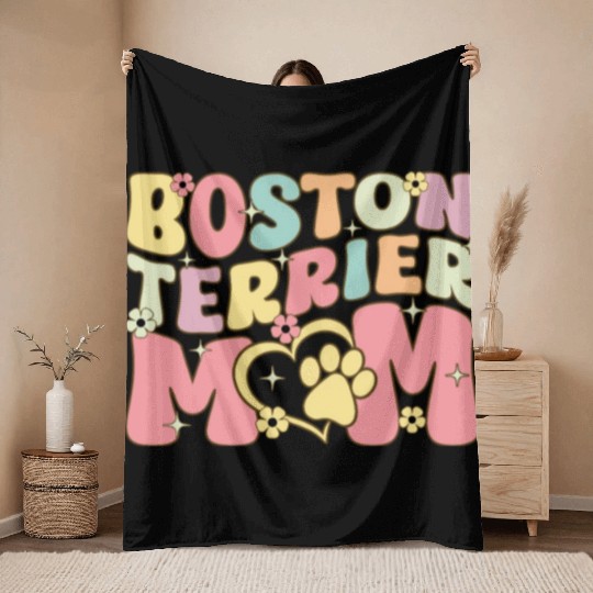 Boston Terrier Mom Groovy Female Dog Lover Throw Blankets