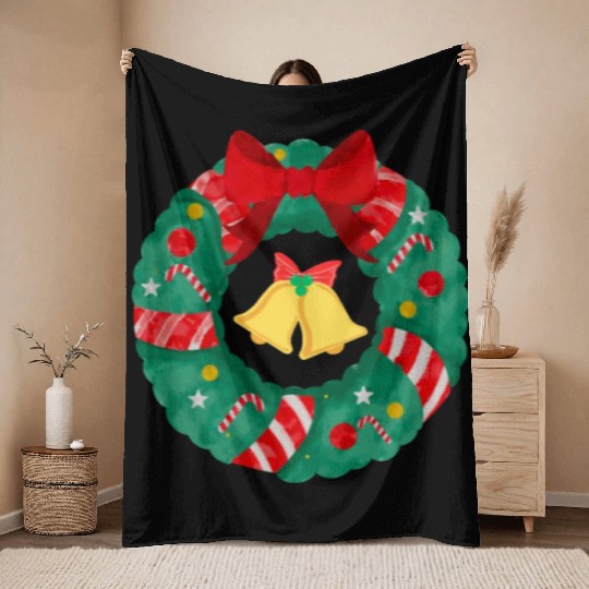 Christmas Wreath with Bells Throw Blankets