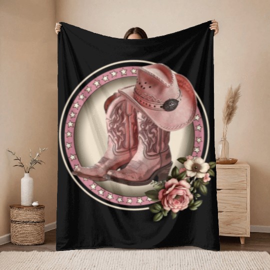 PINK COWGIRL BOOTS, PINK COWGIRL HAT RETRO WESTERN Throw Blankets