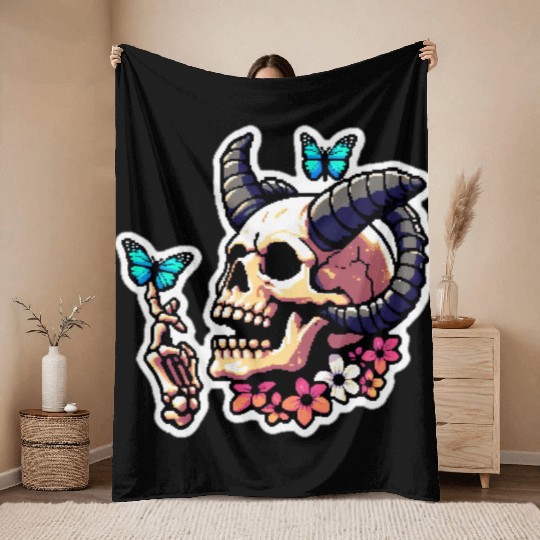 Pixel Art Horned Skull enjoy the butterflies Throw Blankets