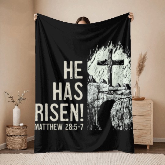 He Has Risen Christ Bible Verse Tomb Cross Throw Blankets