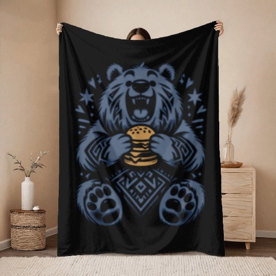Cute Grizzly with Hamburger, Blue Throw Blankets