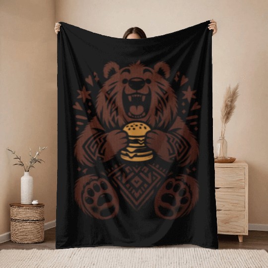 Cute Grizzly with Hamburger, Brown Throw Blankets